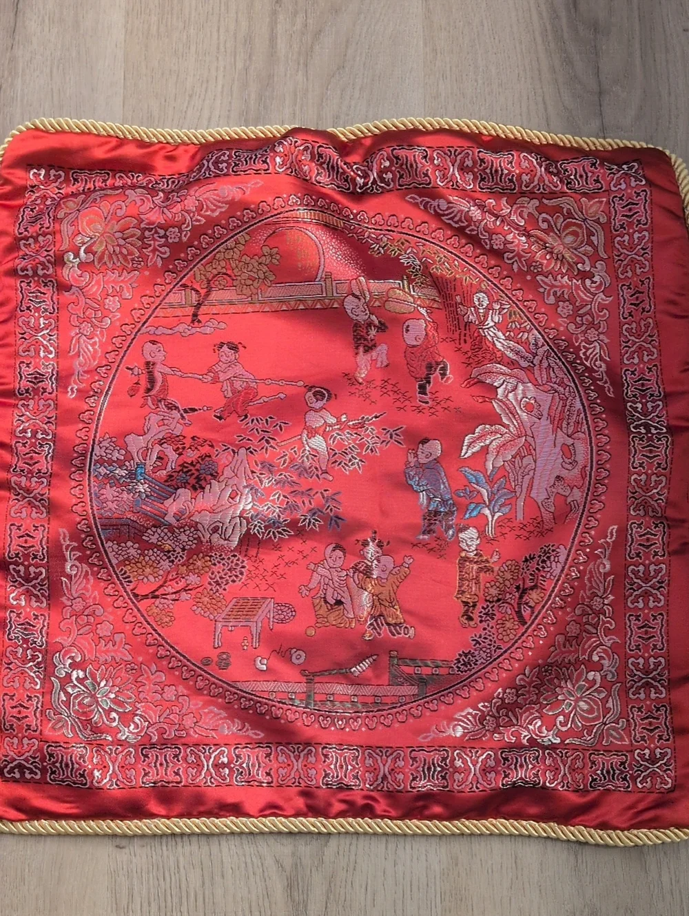 Throw Pillow Cover Case Vintage Chinese Embroidered Satin Damask Children 16 in